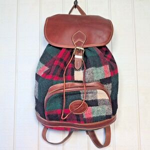 VTG Eddie Bauer Backpack Plaid Wool Cinch Brown Leather Top Daily Active Bag